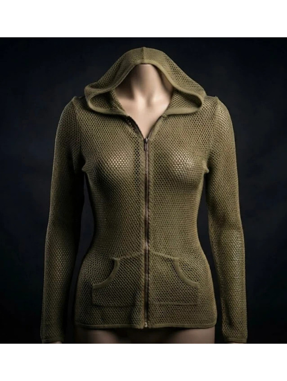 y2k Oleg Cassini Sport Open Knit Zip Up Hoodie Green Size M